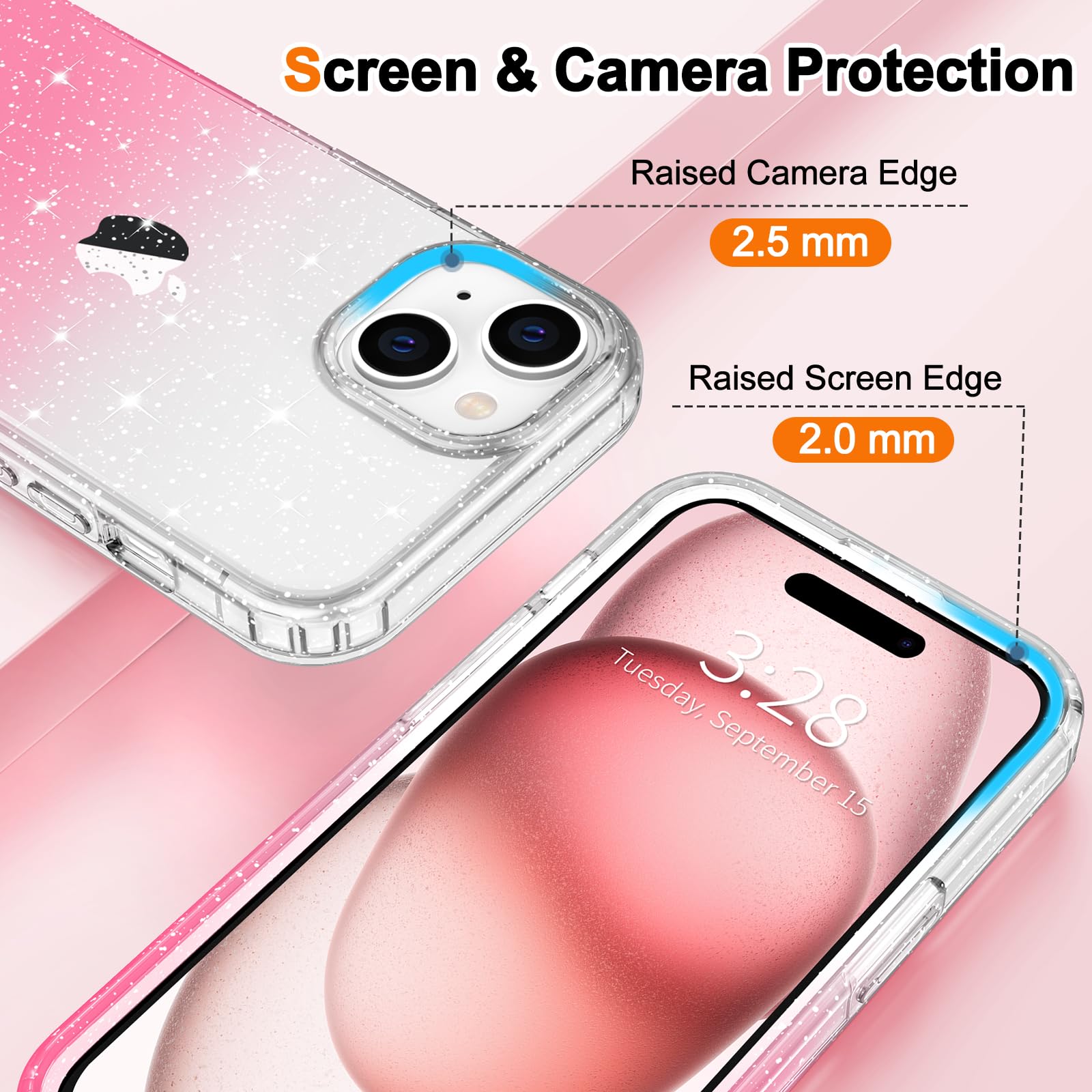 Hython for iPhone 15 Case Glitter, Cute Clear