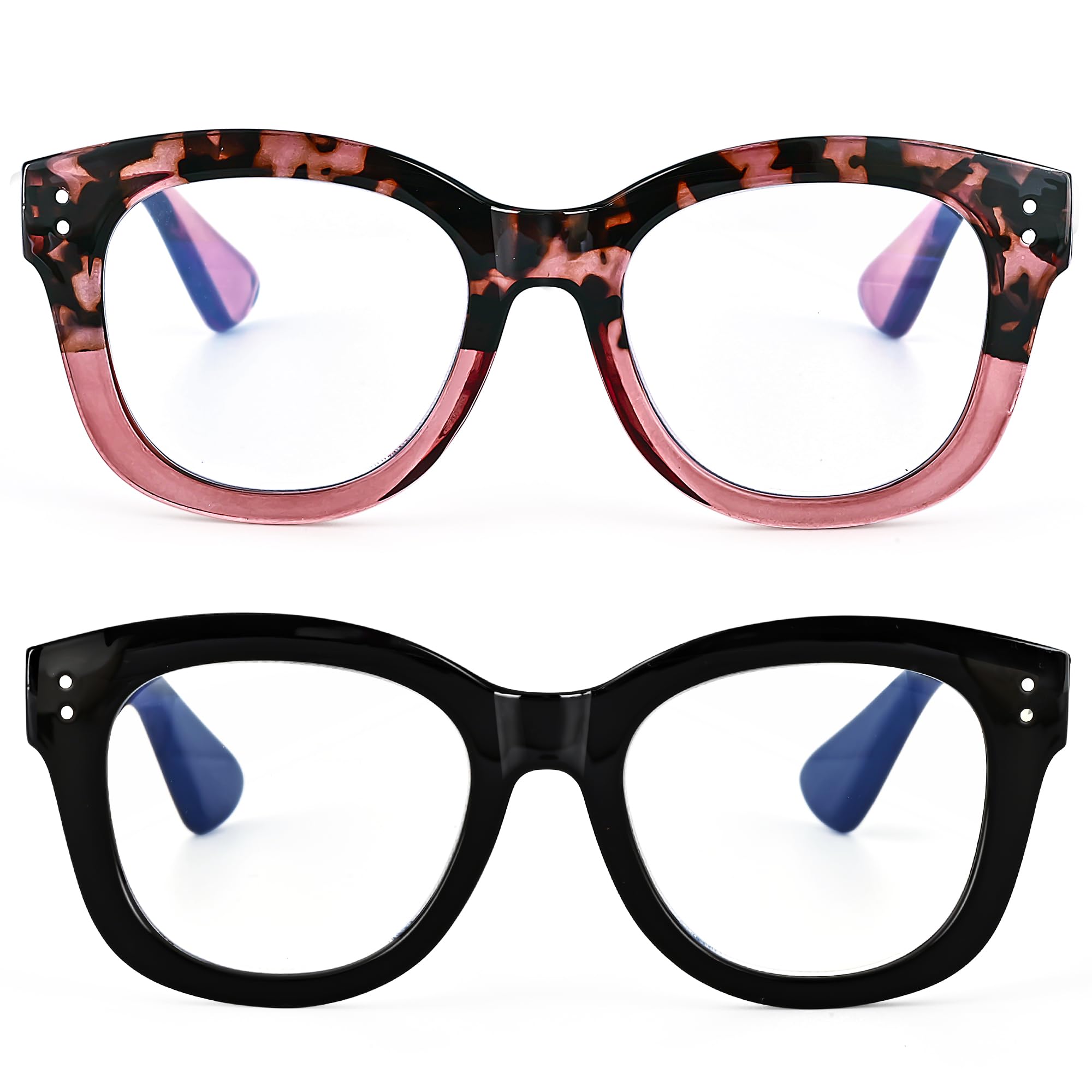 EYEGUARD 2 Pack Oversized Reading Glasses for Women, Retro Blue Light Blocking Readers with Spring Hinges, black/red +3.00 diopter