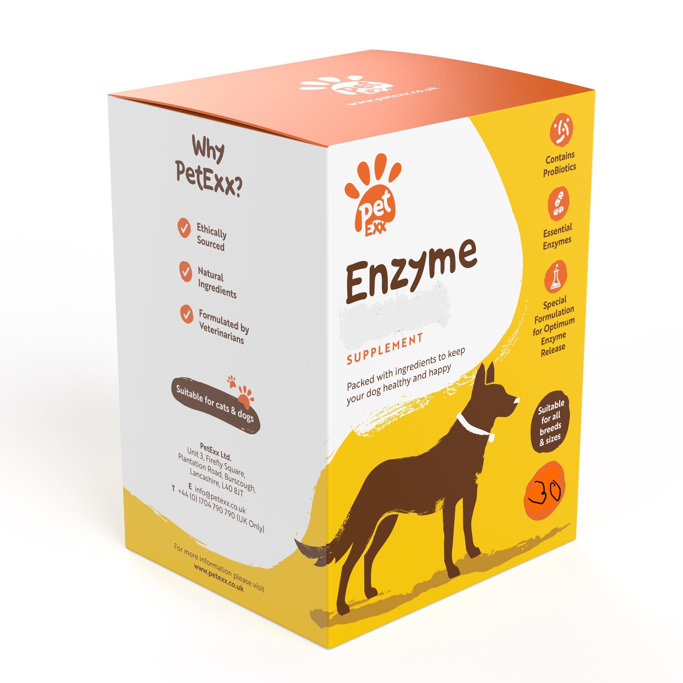 PetExx Enzyme Boost - pancreatic enzymes to aid digestion and skin allergies in cats and dogs with probiotic Vitamin B12 amylase protease and lipase - 30 capsules manufactured in the UK