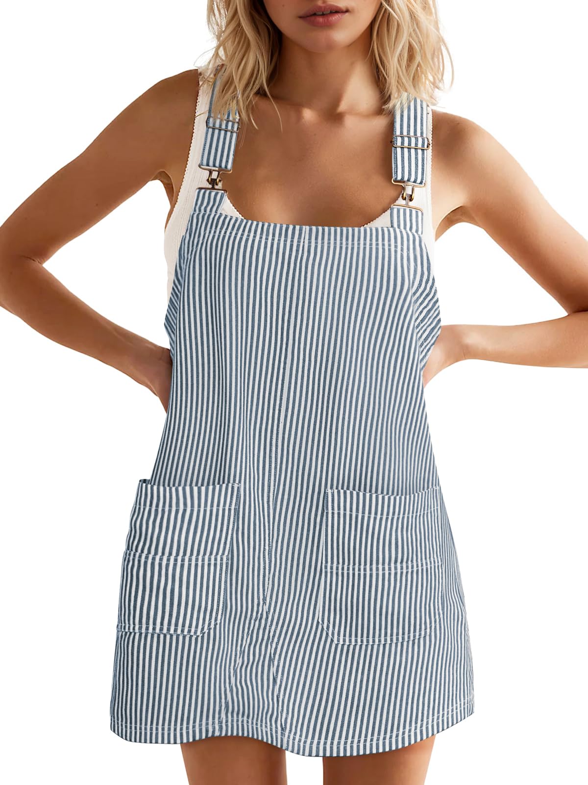 Photo 1 of (used/fair) Yousify Womens Denim Overalls Dress Casual Adjustable Straps Striped Jeans Dress Summer Sleeveless Short Rompers