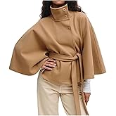 OPCAKM Women's Batwing Sleeve Poncho Coat Oversized Winter Pea Coat Stand Collar Cropped Cape Jacket with Belt