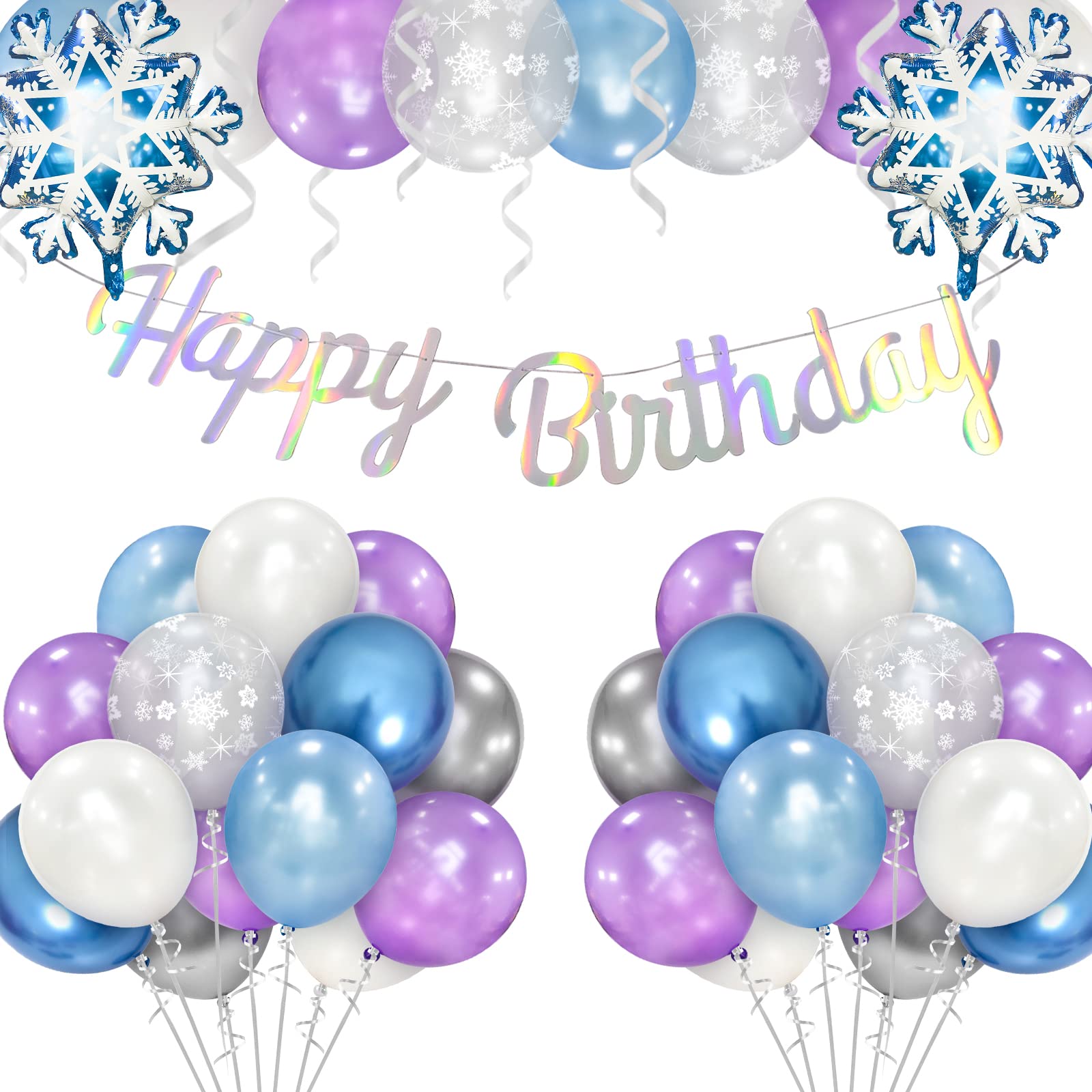 Bealif 34Pcs Frozen Balloons Set, 12 inch Snowflake Frozen Birthday Party Decor Happy Birthday Banner Purple Blue White Latex Balloons with Silver Ribbon for Birthday Shower Winter Wonderland