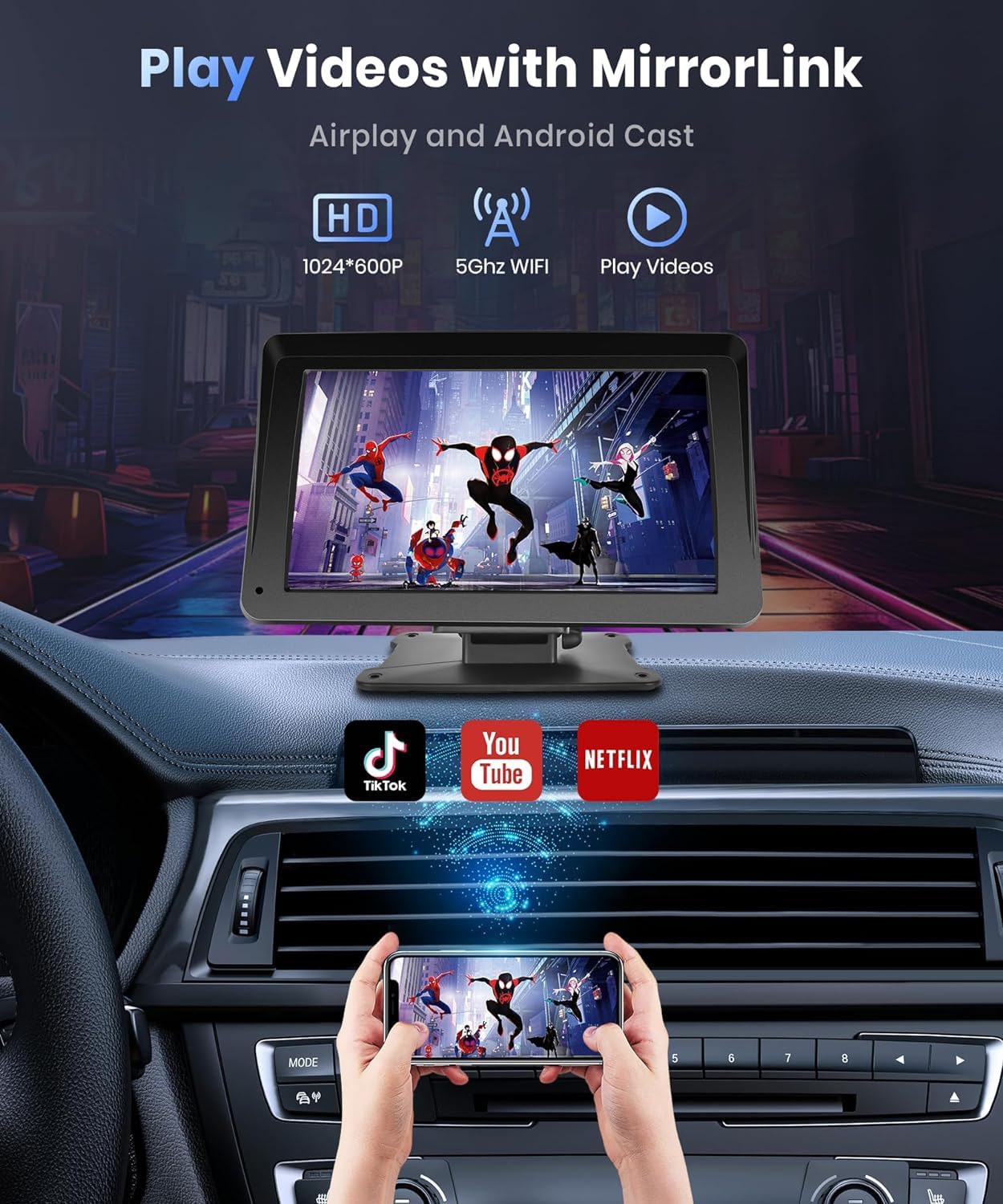 podofo Portable Car Stereo Wireless Carplay Android Auto,7 Inch Touch Screen Car Radio with Bluetooth Hands-Free/Mirror Link/Maps Navigation/Voice Control/TF Card/AUX,for Cars, Trucks, SUVs