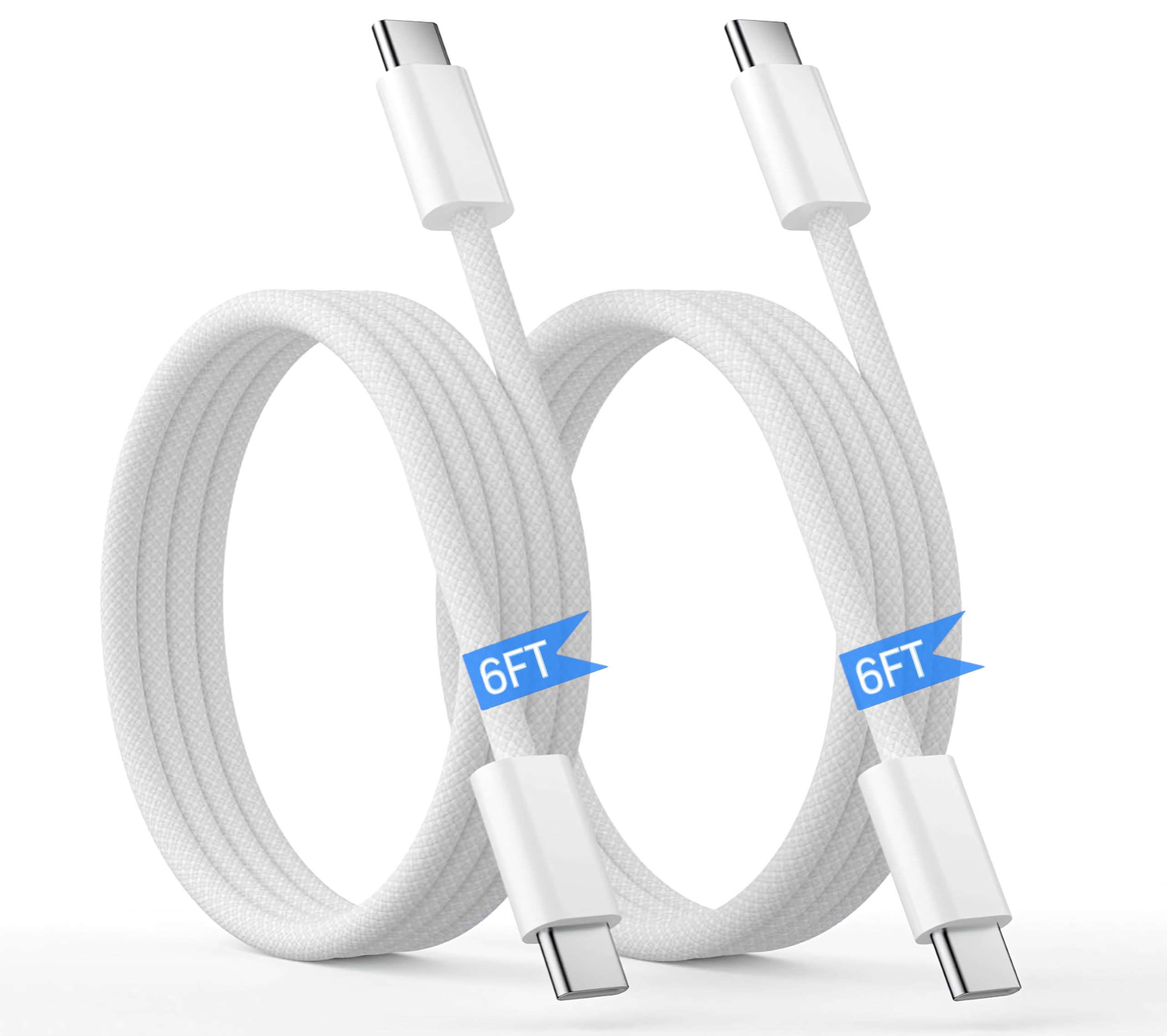 Photo 1 of ?2-Pack 6.6FT? USB C to USB C Fast Charging Cable, Braided Type-C Cord for iPhone 17/16/15/Pro/Max, iPad Pro/Air/Mini, MacBook, Galaxy S24/S23/S22, Pixel 7/6-60W PD Durable White Charger Cable