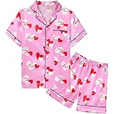 Nidoul Girls Pajamas Satin Short Sleeve Button Down Silky Pjs Girls' Sleepwear Set for Toddler Kids 3T-10Y