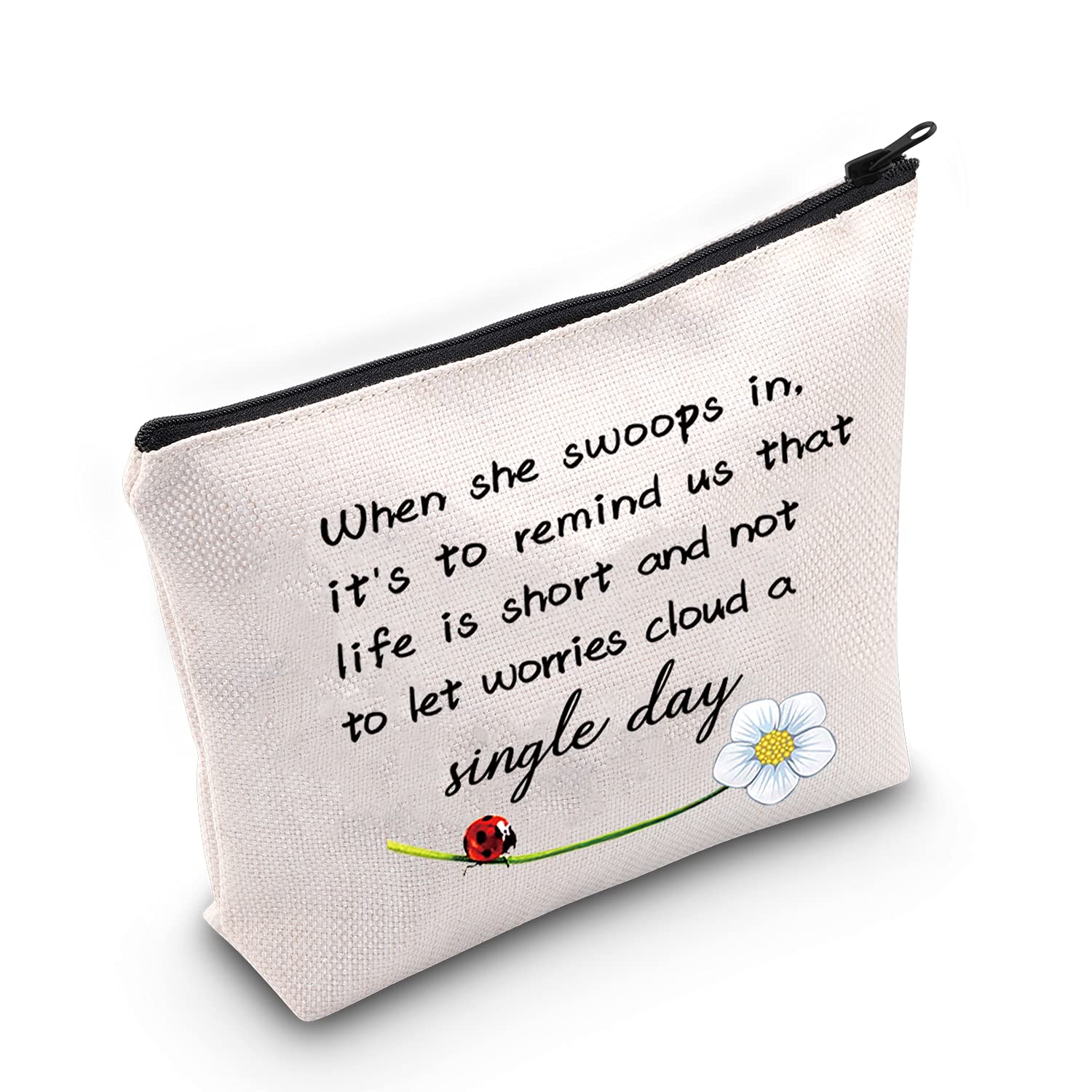 JXGZSO Good Luck Ladybug Makeup Bag With Zipper Gifts For Women When She Swoops In It's To Remind Us Not To Let Worries Cloud A Single Day Cosmetic Bag, Ladybug
