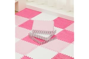 Amylove 36 Pcs Plush Foam Floor Mat Square Interlocking Carpet Tiles with Border Fluffy Play Mat Floor Tiles Soft Climbing Area Rugs for Home Playroom, 12 x 12 x 0.4 Inch(White, Pink, Rose Red)