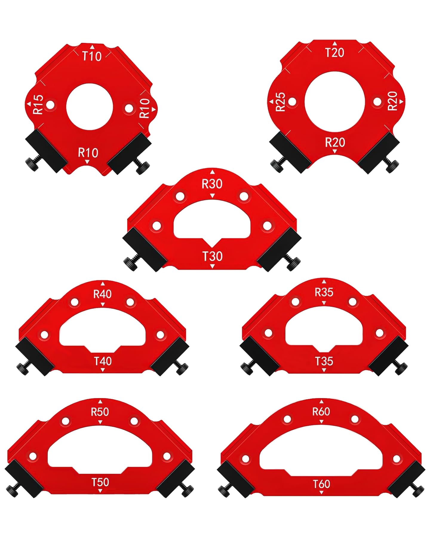 Photo 1 of TANYO 7pcs Router Corner Radius Template Router Radius Jig, Aluminum Alloy 3 in 1 Radius Jig Router Templates, R10 R15 R20 R25 R30 R35 R40 R50 R60 T10 T20 T30 T35 T40 T50 T60 Use with Router Table