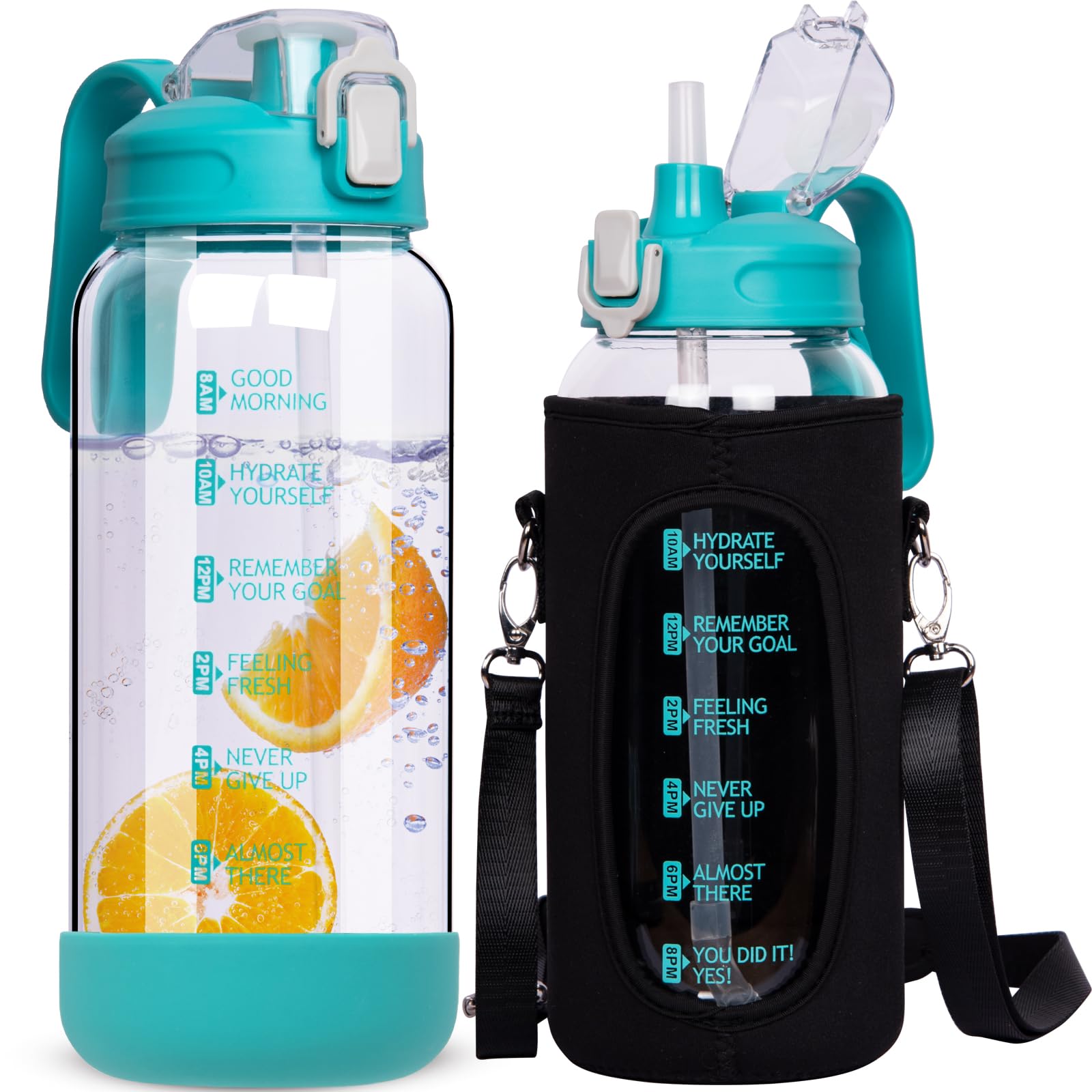 DEARRAY 2L Motivational Glass Bottle with Straw and Time Marker, 2 Litres Large Transparent Borosilicate Water Jug