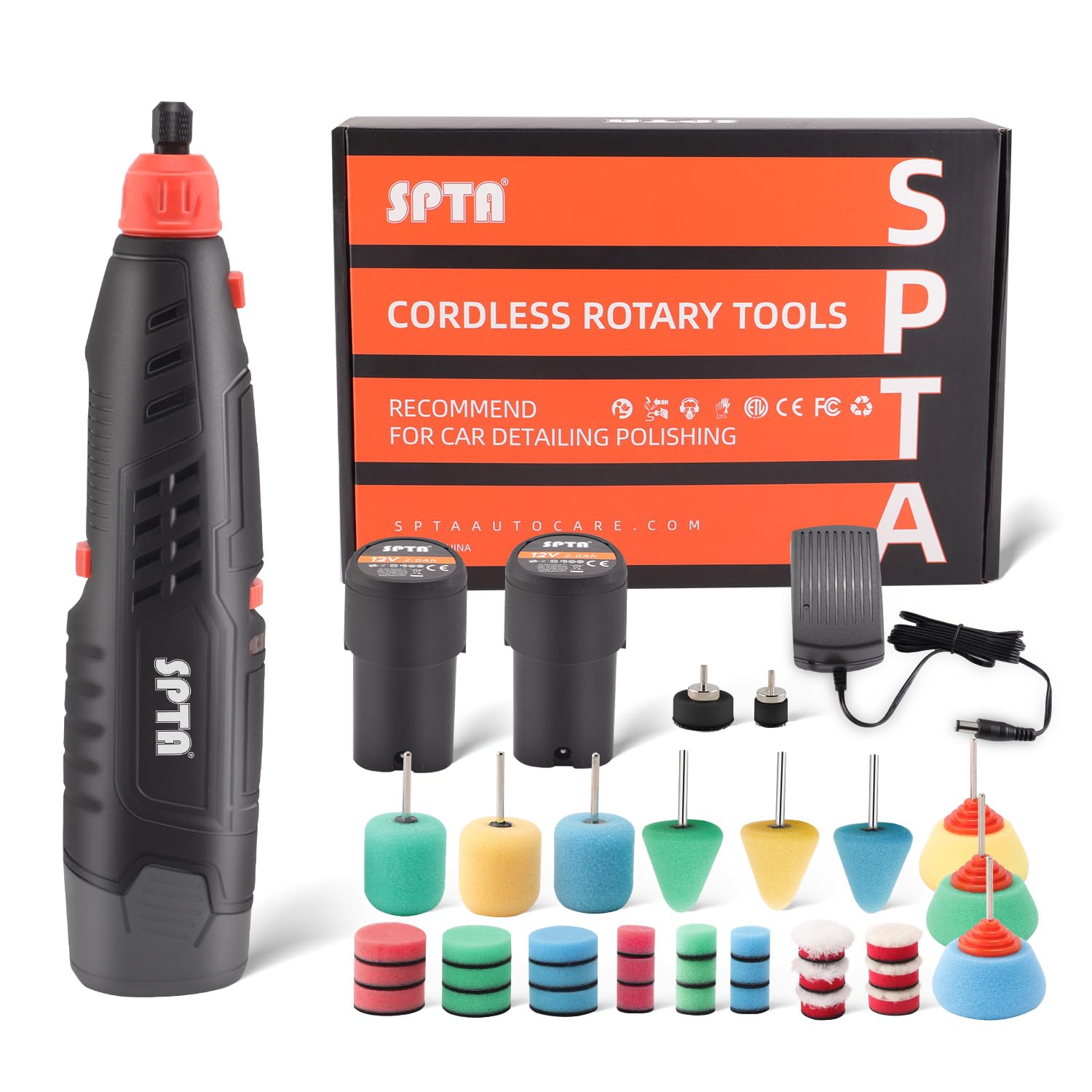Photo 1 of Cordless Rotary Tool, SPTA Cordless Mini Car Polisher, 36Pcs 12V Li-ion Battery IVT 5,000-25,000 RPM Small Buffer Polisher Polishing Foam Pad Set for Polishing Sanding