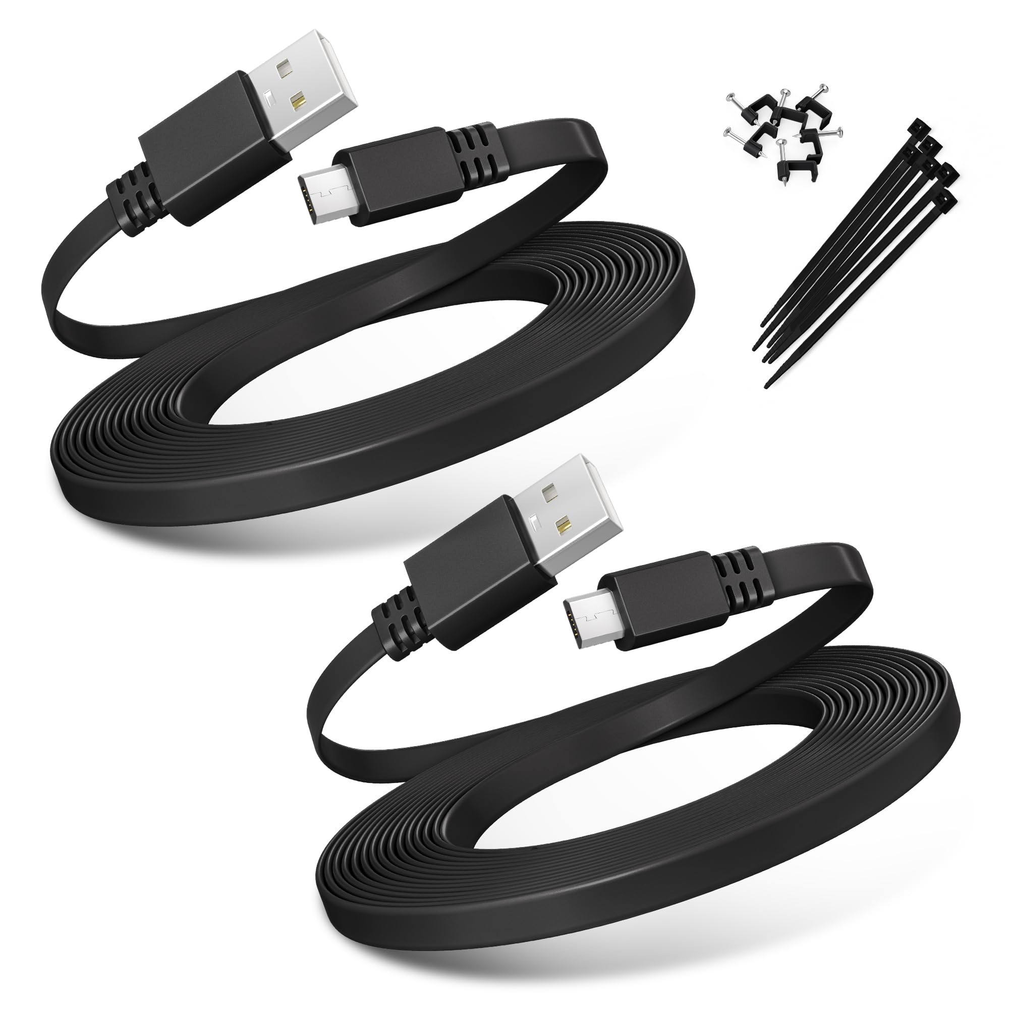 BASESAILOR Micro USB Power Cable 3M/2Pack,Flat Micro USB Charging Power Cord,Charger for Wyze Cam V3,Pan V4,Nest Yi,Blink Mini XT XT2 Outdoor/Indoor 3rd Gen,Zmodo,Furbo Dog,Netvue,Xbox One Controller