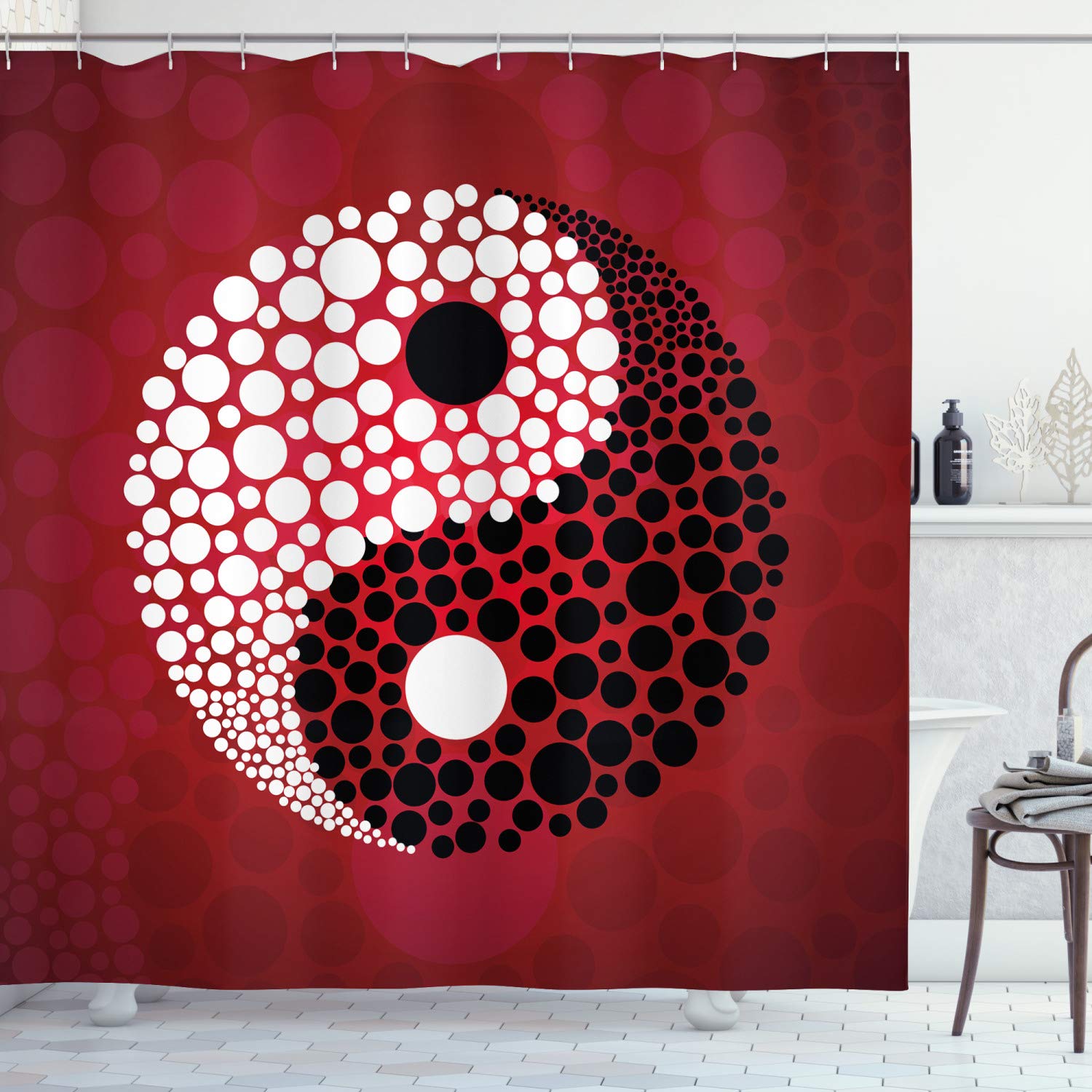 ABAKUHAUS Ying Yang Shower Curtain, Abstract Graphic Design Yin Yang Circle Black and White Dots Pattern Cosmos and Energy, Cloth Fabric Bathroom Decor Set with Hooks, 86" Inches, Red