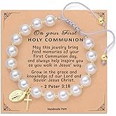Miss Pink Initial First Holy Communion Confirmation Baptism Bracelets Gifts for Women Girls, Catholic First 1st Communion 14K Gold Pearl Cross Charm Bracelet Personalized A-Z for Goddaughter Niece