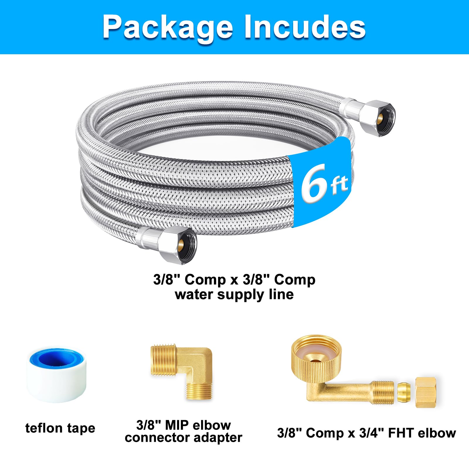 Dishwasher Installation Kit - 6 FT Premium Stainless Steel Braided Dishwasher Hose kit,Food Grade PEX Inner Tube Dishwasher Water Supply Line with 3/8