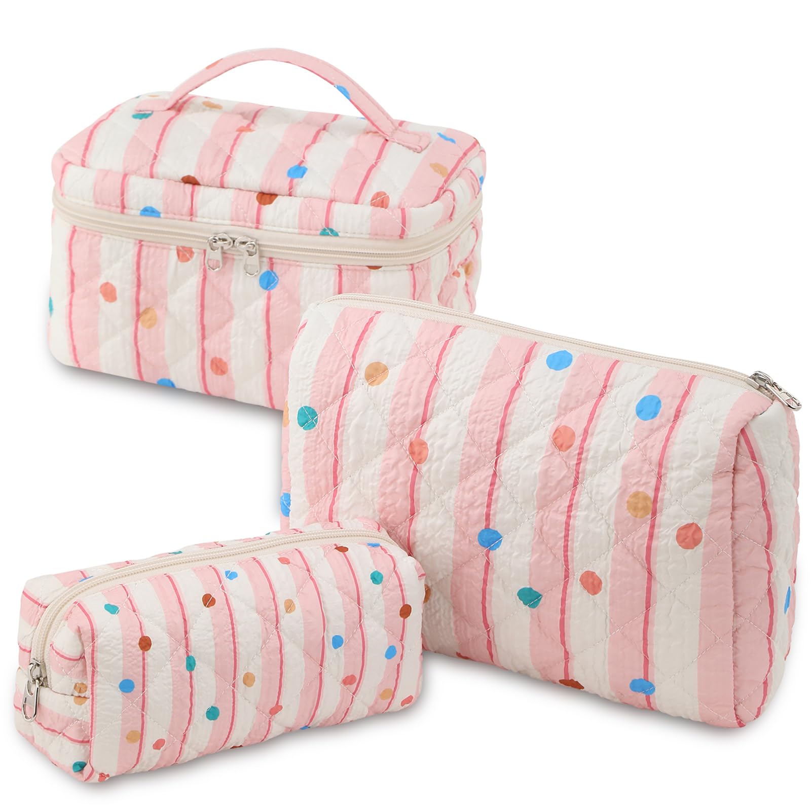 Photo 1 of **MISSING ONE**RIGHT AWAY Large Quilted Makeup Bag Set,3 Pcs Travel Make Up Bags for Women Girls,Cute Coquette Aesthetic Cosmetic Pouch Toiletry Bag,Preppy Makeup Brushes Organizer?Pink?