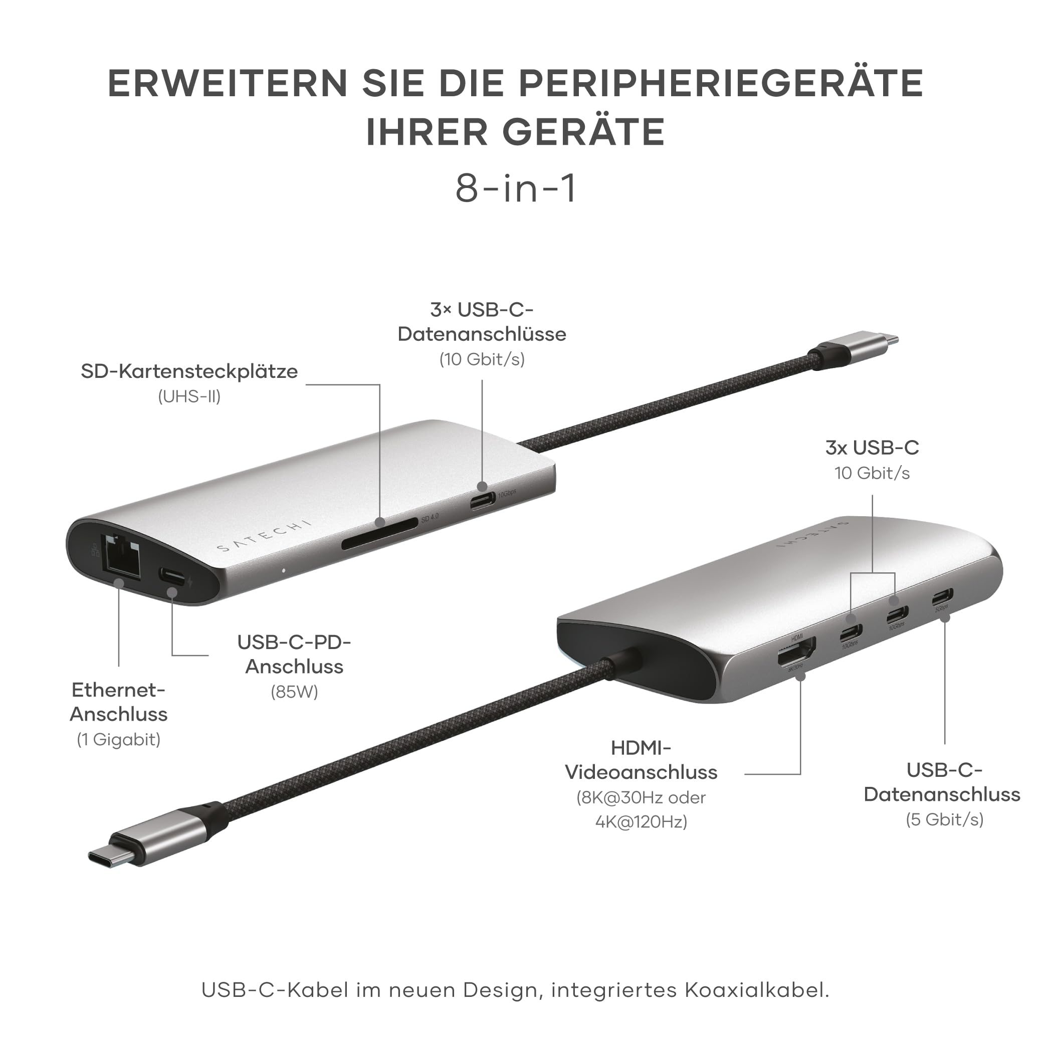 SATECHI 8-in-1 USB-C Hub V3 mit Ethernet, 85W Ladefunktion, 8K HDMI, 4 USB-C Ports mit 10 Gbit/s, UHS-II SD-Kartenleser, für MacBook Air und Pro, PC, Laptop und mehr – Space Grau 4