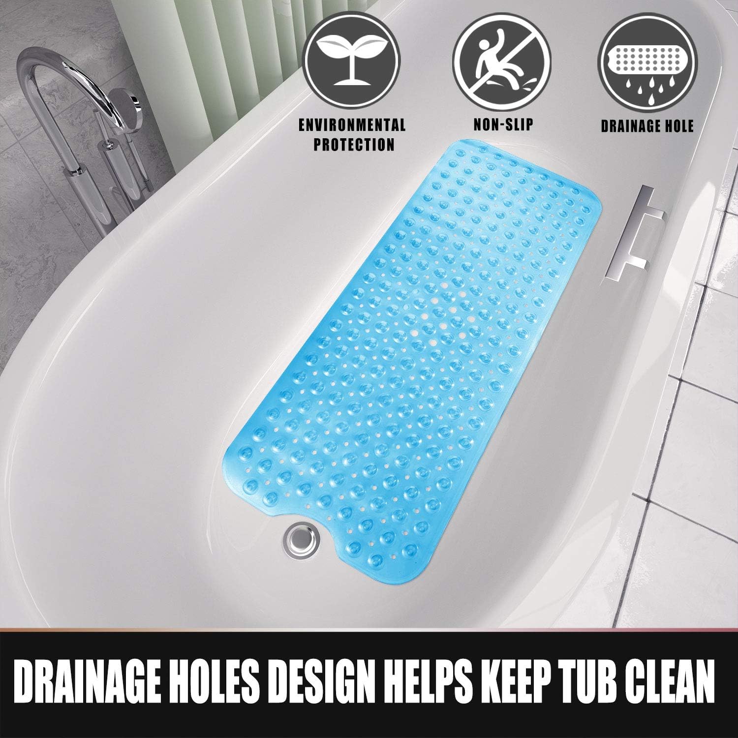 Yimobra Original Bath Tub Shower Mat Extra Long 16 x 40 Inch, Non-Slip with Drain Holes, Suction Cups, Phthalate Free, Latex Free, BPA Free and Machine Washable Large, Bathroom Mats, Clear Blue: Home & Kitchen
