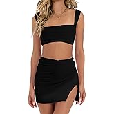 CSDAJIO Summer 2 Piece Outfits for Women Sleeveless Square Neck Crop Top Ruched Strappy Tank and Bodycon Mini Skirt