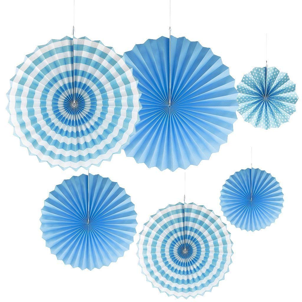 Happium 6 Pcs Paper Fans Set Assorted Colors Hanging Decorations Paper Garlands Ceiling Wall Decor Party Supply Photo Back Drop for Birthday Wedding Graduation Events Accessories Blue