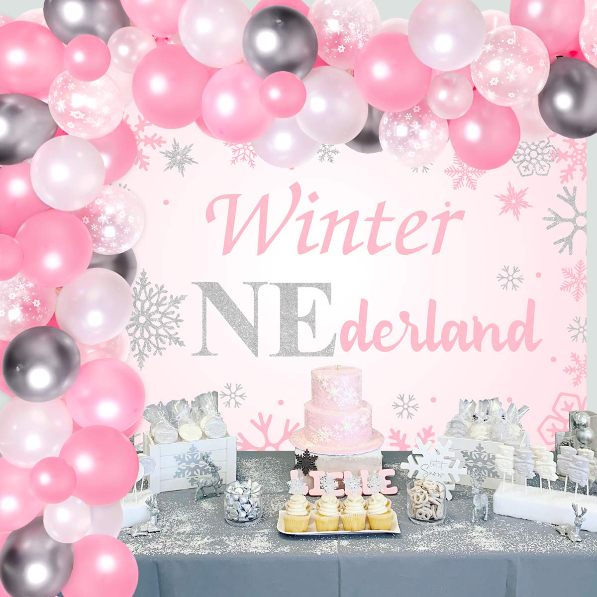 Kreatwow Onederland Birthday Decorations for Girl Backdrop, Snowflake Balloon Garland Kit for Wonderland 1st Birthday Party Supplies Pink Silver and White 79 Pcs