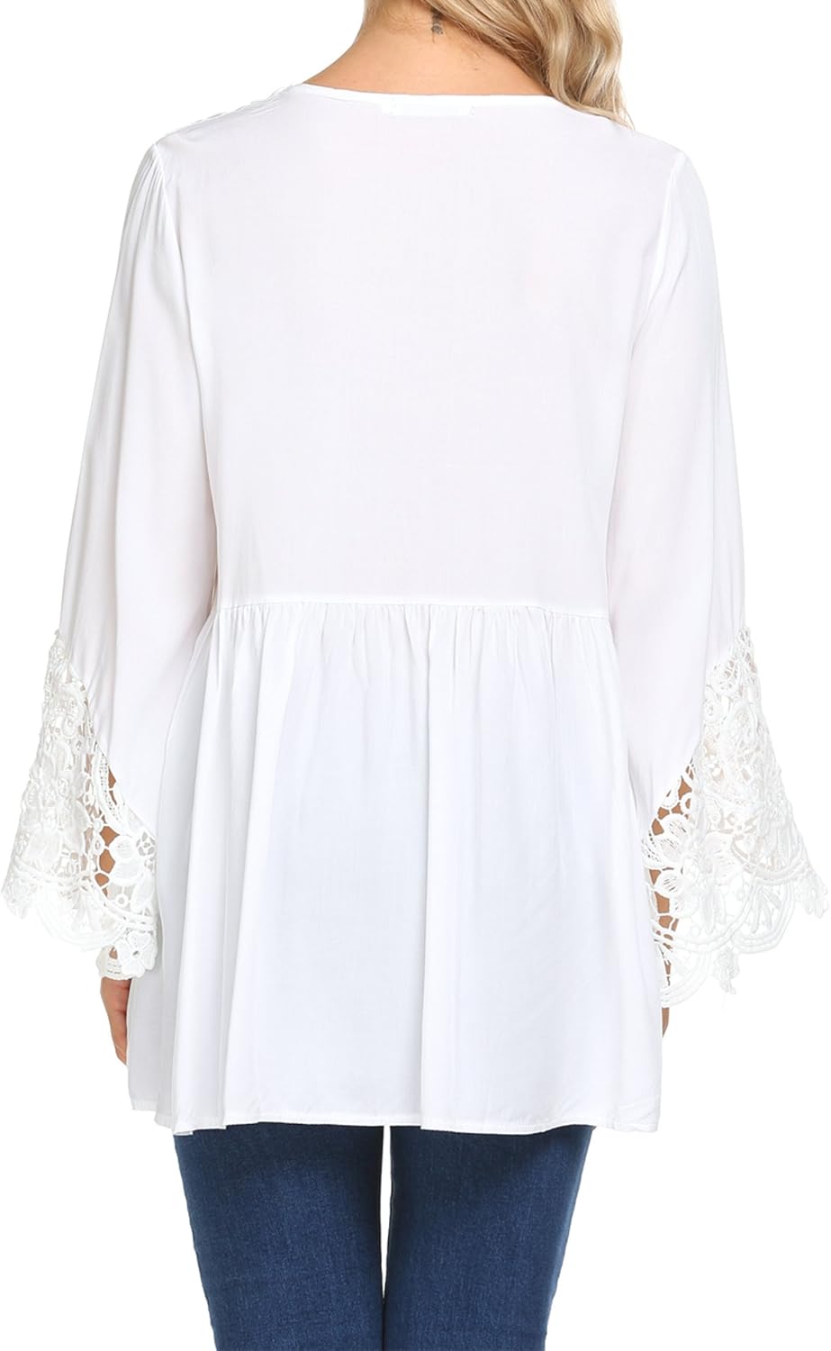 SoTeer Womens Casual V Neck Loose Top Flare Sleeve Lace Splice Blouse Shirt Tops S-XXL: Clothing
