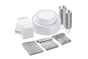 BESTVIP 175 PCS Silver Dinnerware Set for 100 Guests, Plastic Dinnerware Set for Party, Include: 25 Silver Dinner Plates，25 Dessert Plates, 25 Silver Plastic Silverware Set, 25 Cups, 25 Paper Napkins