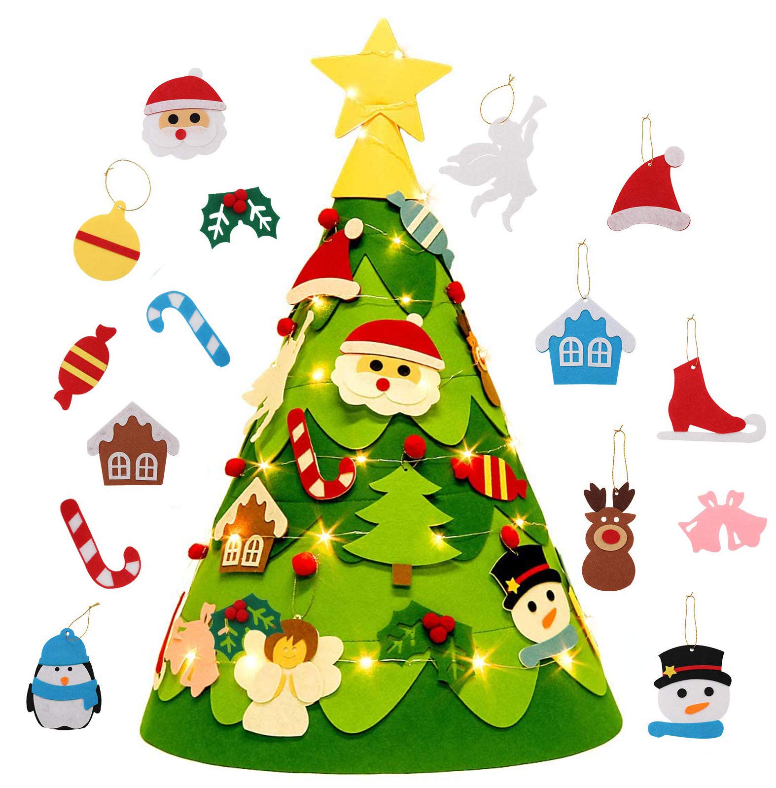 Felt Christmas Tree for Kids, Xndryan DIY Christmas Tree 3D Felt Xmas Tree with 28pcs Ornaments And 50 LED String Lights, Great Christmas Decorations, Xmas Gifts for Kids