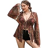 Floerns Women's Plus Size Boho Tops V Neck Bell Long Sleeve Tie Front Tee Shirts Concert Outfits