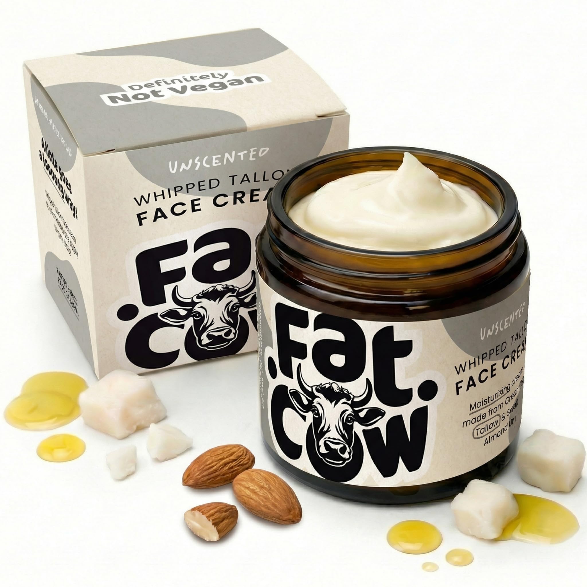 Beef Tallow Skin Care, Tallow Face Cream Moisturiser, Grass-Fed & Whipped Enriched with Almond Oil, Deep & Natural Hydration for Sensitive & Dry Skin, 120ml Unscented