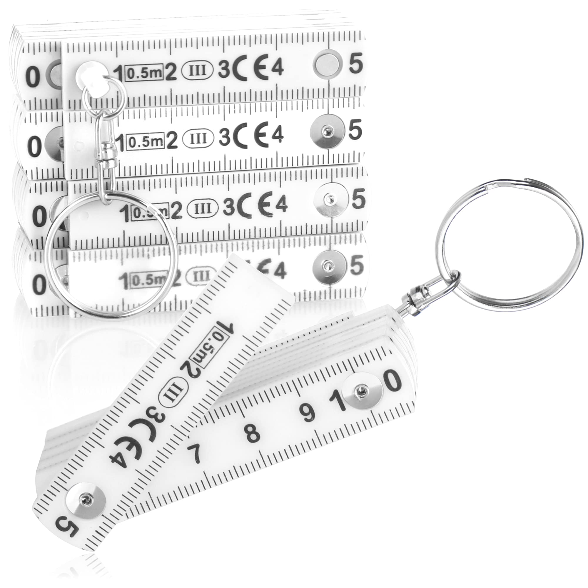 com-four® 5x mini folding rule as a plastic key fob, 50 cm folding rule with 10 links, metric in white (05 pieces - 50cm white)