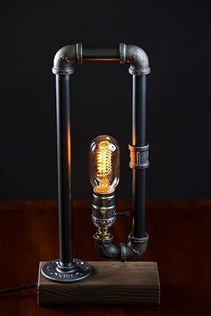 minimalist industrial steampunk desk lamp wood base w iron piping vintage antique designer lighting retro edison medium screw lamp holder task reading