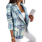 futurino Women's Casual Blazer Front Open Long Sleeve, Double Breasted Blazer Vintage Print Plaid Slim Suit for Women