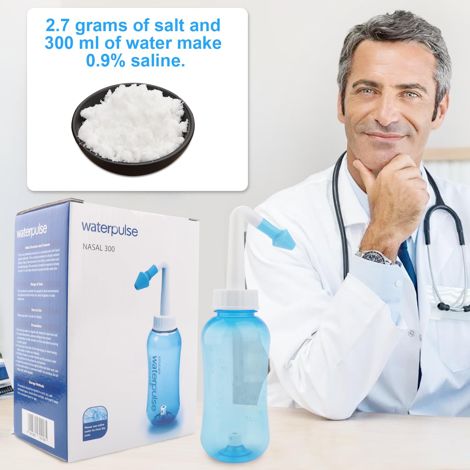 Miruchertter Nasal Wash Bottle Neti Pot Sinus Rinse 300ml Nose Wash Cleaner Sinus Rinse Bottle for Effective Nasal Irrigation Ideal for Adults and Kids BPA Free, Blue