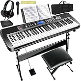AQNIEGEP Pro 61-Key Electric Keyboard Piano w/LCD & Sustain Pedal, Full-Size Studio Keyboard w/Stand, Bench, Headphones, Mic, 200 Timbres/Rhythms, 80 Songs, Professional Piano Keyboard for All Levels
