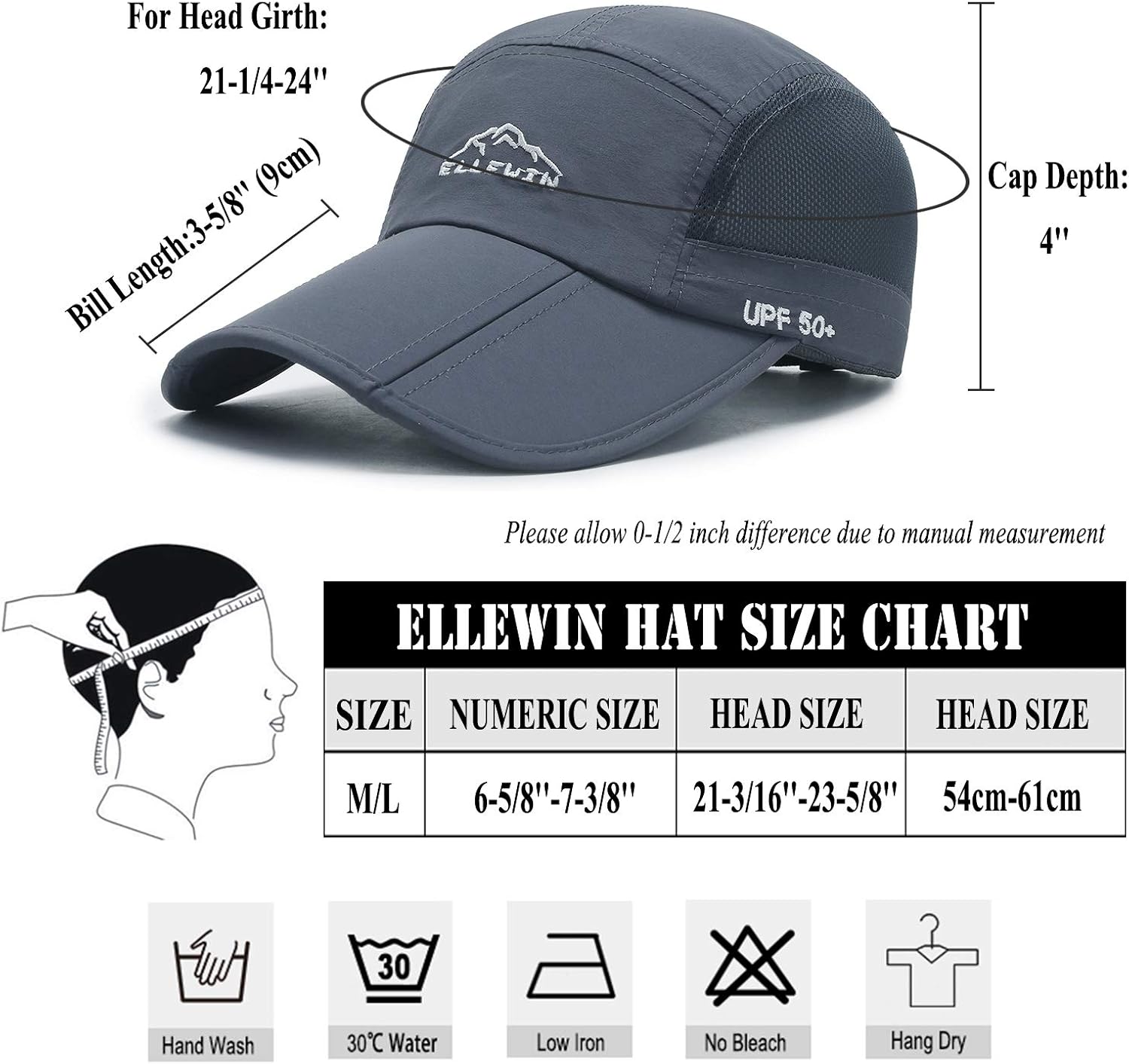 ELLEWIN Men's Baseball Cap UPF50 Hat W/Foldable Long Large Bill,One Size,D-Grey: Clothing