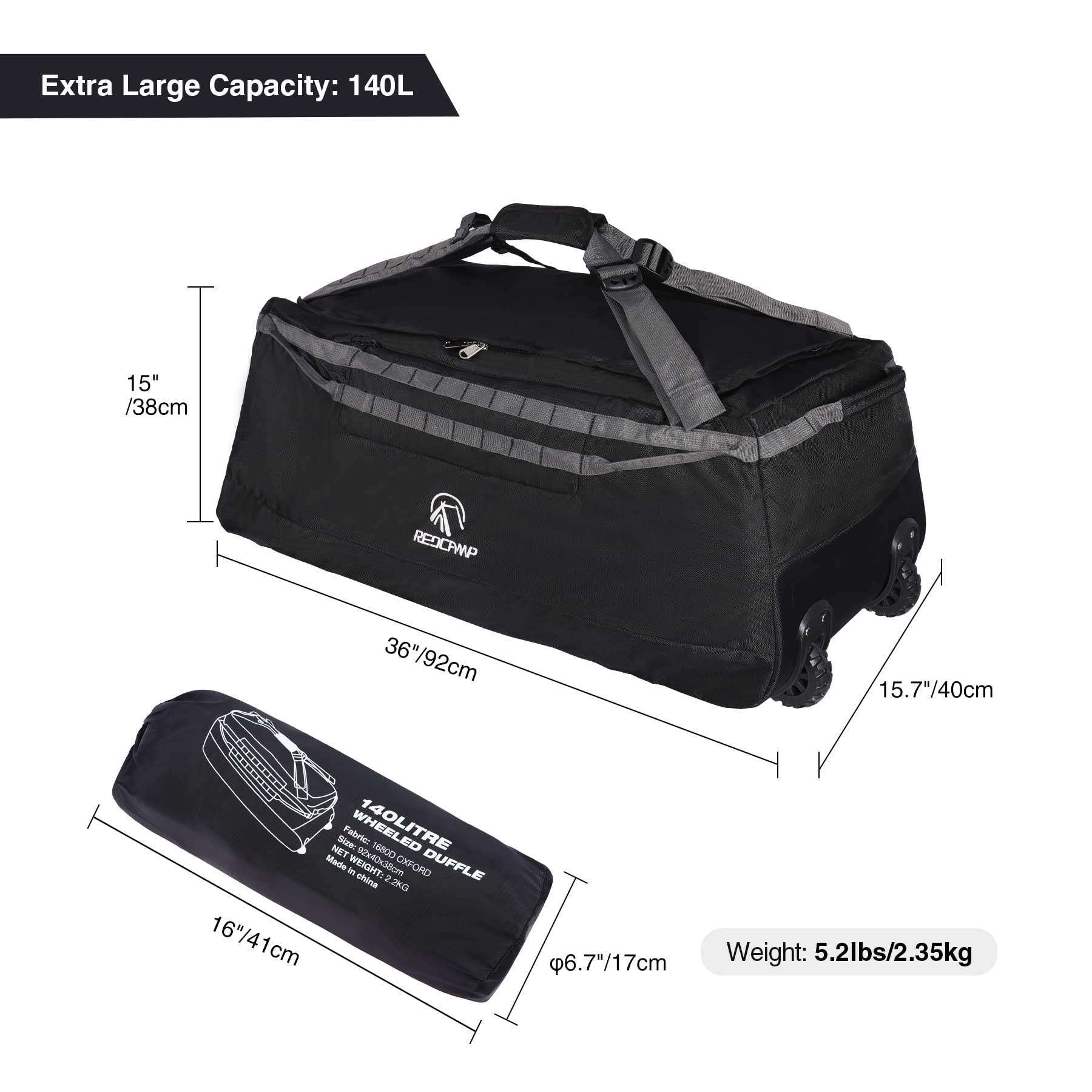 REDCAMP 85L/120L/140L Foldable Duffle Bag with Wheels, Large Travel Duffel Bag