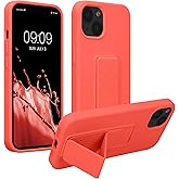 kwmobile Case Compatible with Apple iPhone 13 - Case with Hand Strap and Stand Soft TPU Silicone Coating - Coral