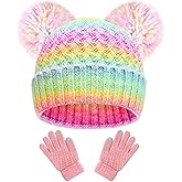 Girls Winter Beanie Hat and Touchscreen Glove Set Rainbow Knit Pompom Beanies for Winter Snow Ski Caps Age 1-12