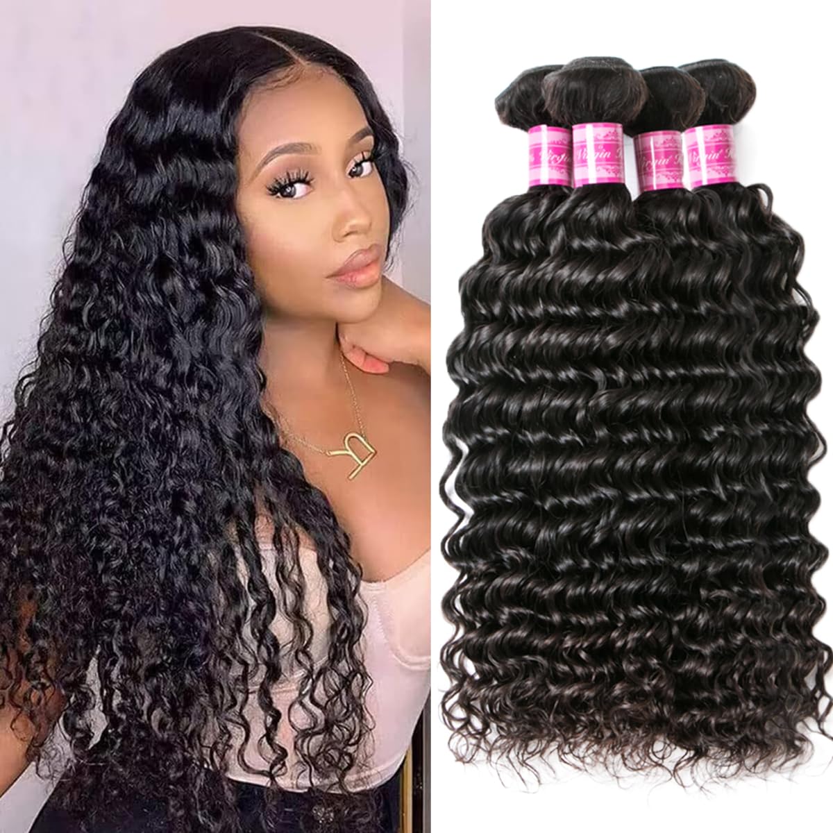 BEAUFOX Deep Wave Bundles Human Hair 20-26 Inch Double Weft Deep Curly Weave 4 Bundles 100% Unprocessed Brazilian Virgin Human Hair Wet and Wavy Black — image 1