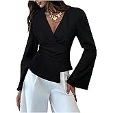 SweatyRocks Women's Wrap Asymmetrical Cinched Waist Tops Dressy Casual V Neck Pleated Business Work Blouses