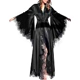 BATHGOWN Women Long Train Satin Kimono Robe with Lace Wedding Bridesmaid | Lace Bell Sleeve, Self-tie Belt, S-5XL Plus Size, Floor Length, Bridal Getting Ready Outfit for Maternity Shoot Honeymoon