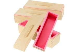 MAHIONG 3PCS 47oz Pink Silicone Soap Molds Kit, Rectangular Silicone Loaf Soap Making Molds with 3 Wooden Boxes and 3 Lids, DIY Supplies for Soap Making