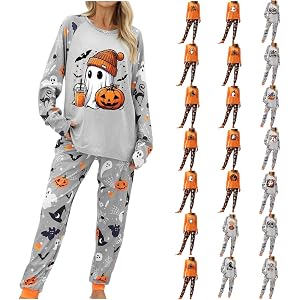 XUIXNW Halloween Pajamas Women,Funny Pumpkin Ghost Print Pjs Long Sleeve Shirts and Pants Fall Pajamas Sets