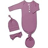 Newborn Baby Knotted Gown Extra Long, Super Soft Silky Infant Long Sleeve Sleeper with Tie Bottom, Baby Girl and Boy Sleep Gown with Mittens, Bow, and Hat Set Lavender Purple[Lavender Purple,Newborn]
