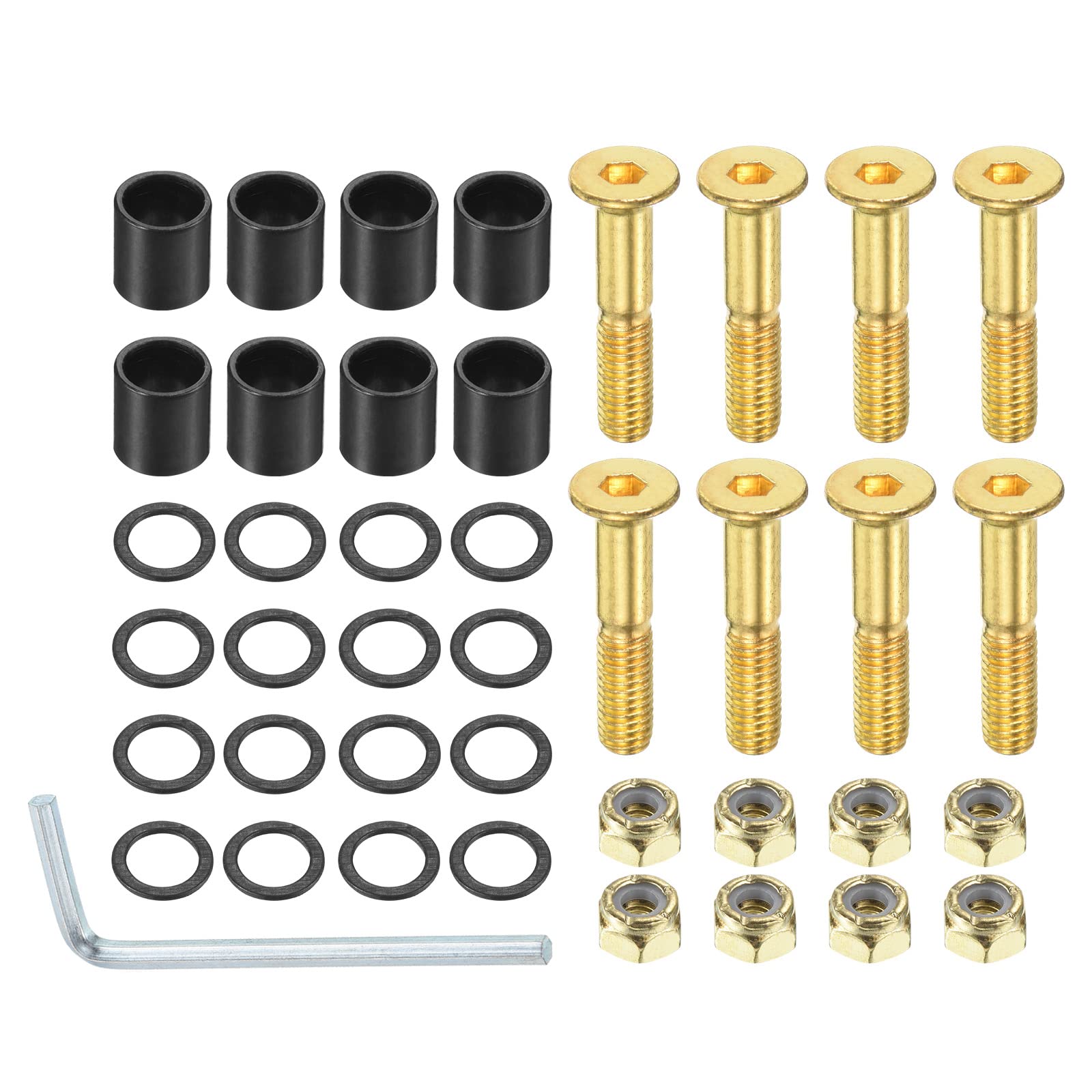 PATIKIL 1 Inch Skateboard Hardware Screws Bolts Kit, 8Pcs Skate Tools Mounting Hex Key Parts with Spacers Washers Nuts Wrench for Skateboard Longboard Wheel Accessories, Golden Black