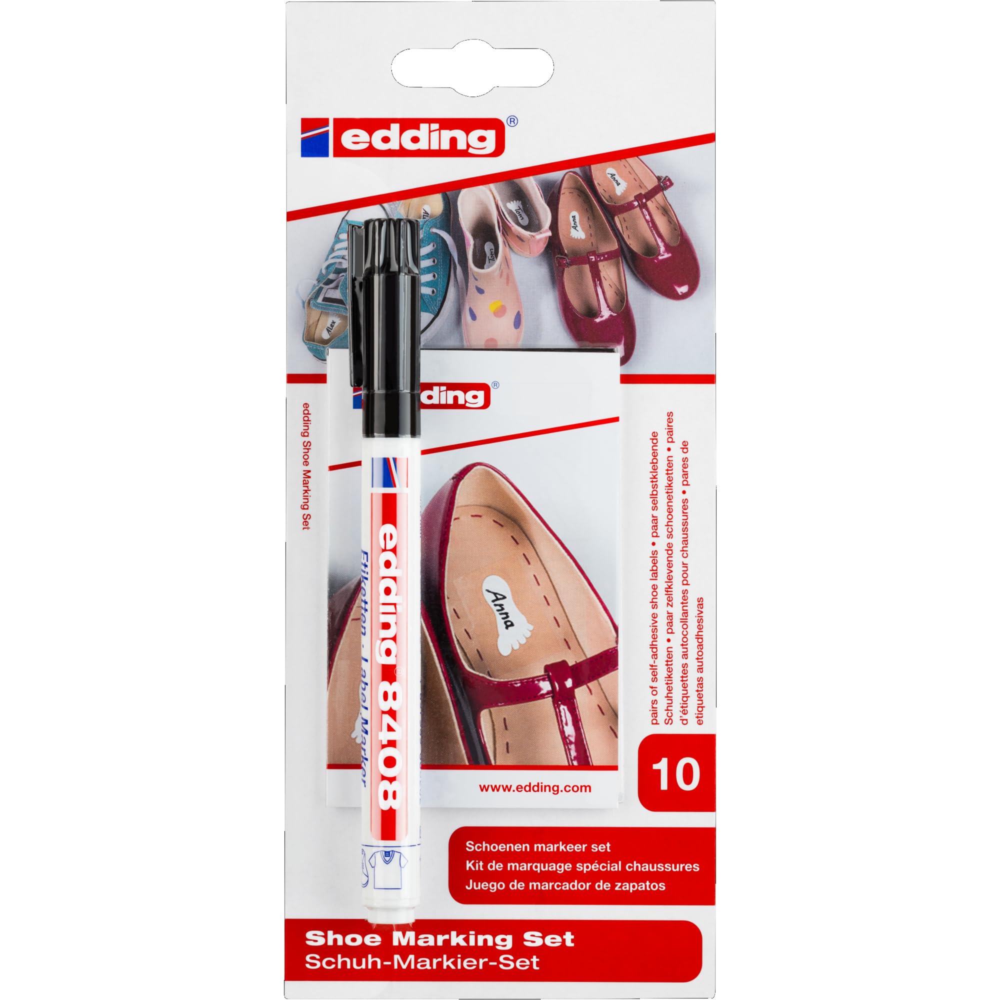edding 8408 shoe marker set - black - 1 pen and 10 labels - round nib 0.75 mm - for writing on personal shoe labels