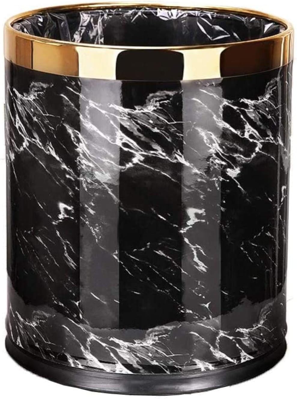 Metal Waste Bin with Leather Cover Open Top Office Wastebasket Double Layer Round Shaped (Black Marble with gold ring)