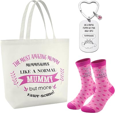 Hestya 3 Pcs Mummy Gifts Set Mother’s Day Tote Socks Keyring from Son Daughter
