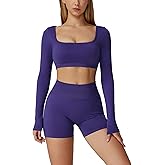 2 Piece Workout Sets for Women Long Sleeve Backless Crop Top and Butt-lifting Shorts Jogger Athletic Gym Outfits