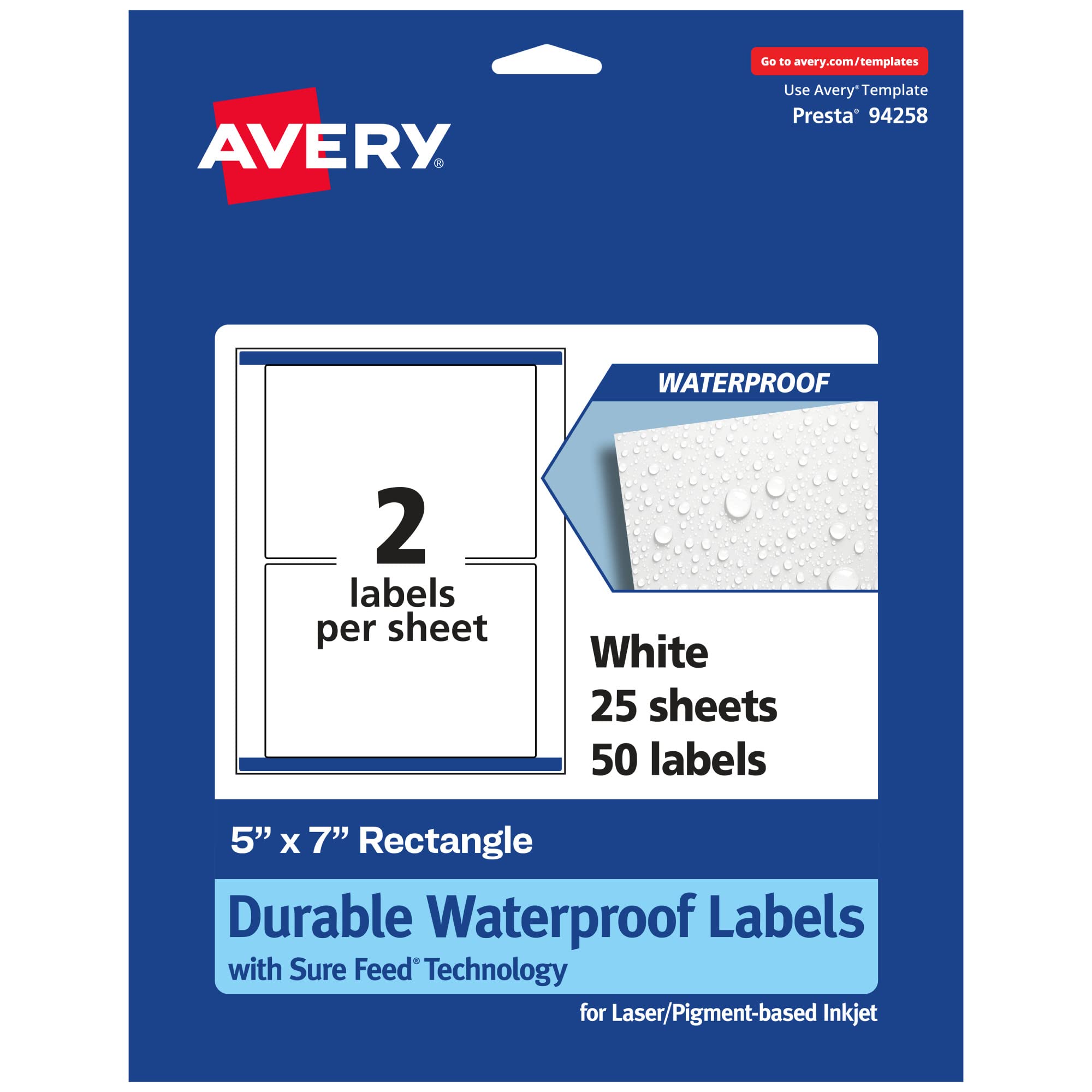 Avery Durable Waterproof Rectangle Labels, Sure Feed Technology, 5″ x 7″, 50 Total, Oil and Tear-Resistant Waterproof Labels, Laser/Pigment-Based Inkjet Printable